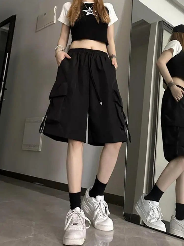 Gidyq Women High Waist Cargo Shorts American Style Streetwear Summer Wide Leg Pants Fashion Female Big Pocket Loose Shorts New