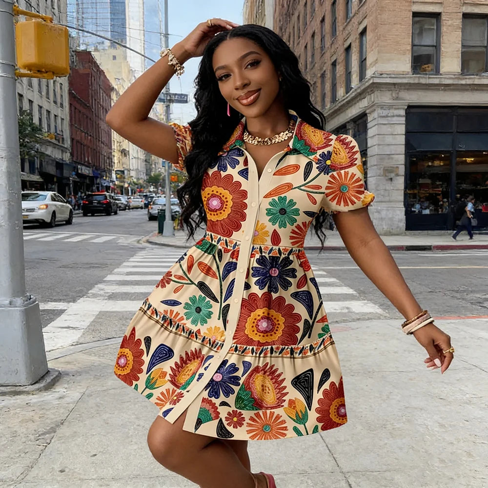 2026 Women's Summer Princess-Sleeve Ethnic Geometric Floral Print Shirt Dress Vintage Ruffle Hem A-Line Mini Party Dresses