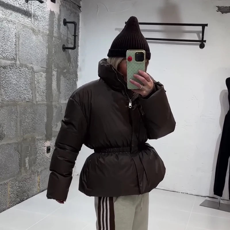 Casual Women's Waist Cinched Padded Cotton Coats Stand Collar Zipper Full Sleeve Coat 2026 Autumn Winter Lady Down Jacket New