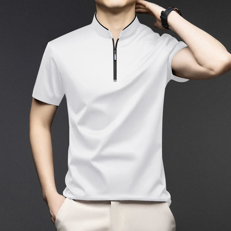 2025 New Men's Casual Fashion Zipper Solid Color Short Sleeved Polo Shirt Stand Up Collar Versatile Comfortable Top