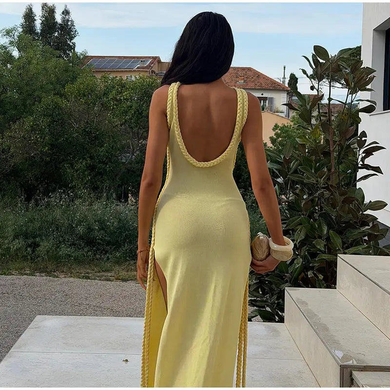 Women Solid Braided Trim Cutout Maxi Dress Sleeveless High Slit Bodycon Fit Gown 2026 Summer Elegant Evening Formal Party Outfit