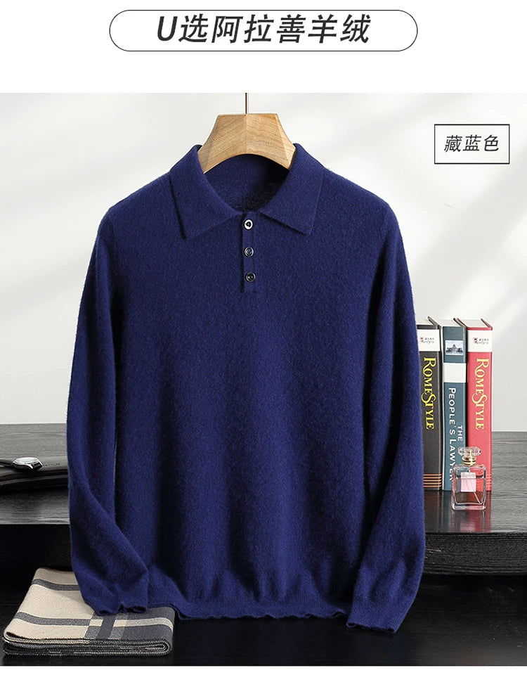 Autumn/Winter Men's 100% Cashmere Pullover Business Casual Solid Knitted Sweater Loose POLO Collar Tops Basic Thick Warm Jumper