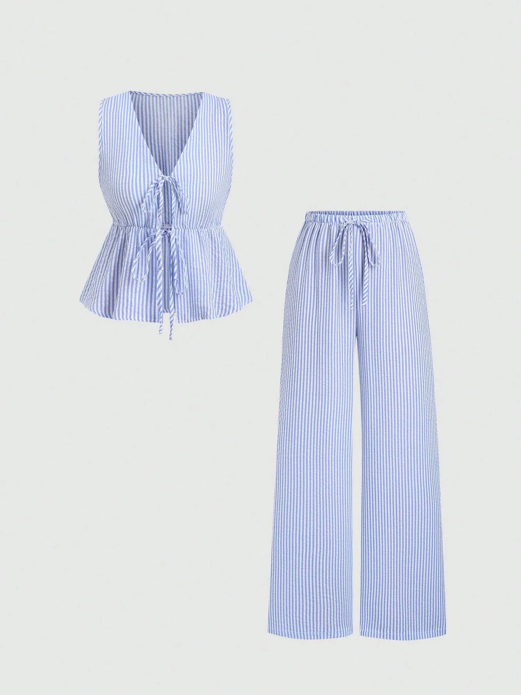 Summer Solid Color Tie Pants Set Stripe Casual Sweet Versatile Loose Comfortable Vacation Daily Two Piece Set