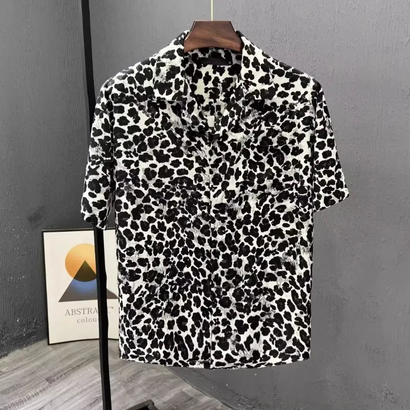 Leopard Print Short-sleeved Shirt Men's Design Niche Fashion Versatile Casual Summer Thin Style 2025 New Trendy Top