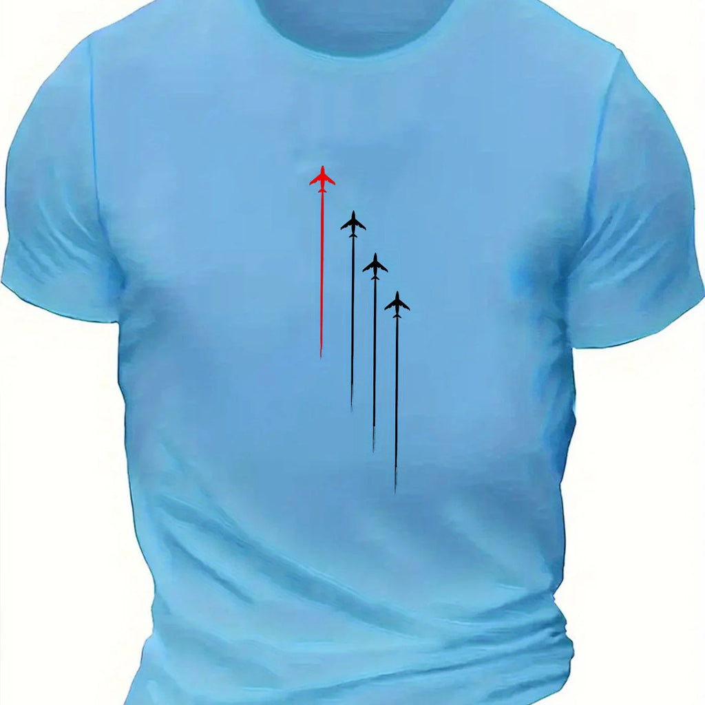 Men's Summer 100 Cotton Fashion Casual Loose Large Size Geometric Airplane Pattern Printed Round Neck Short Sleeve T-shirt Top