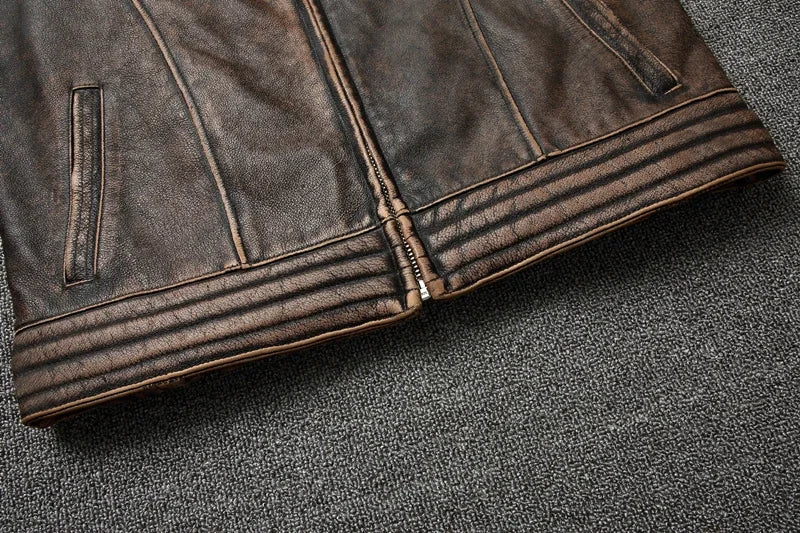 NEW Men's Vintage Motorcycle Jacket Stand Collar Natural Cowhide Jacket Classic Top Layer Cowhide Moto Suit Biker Clothing