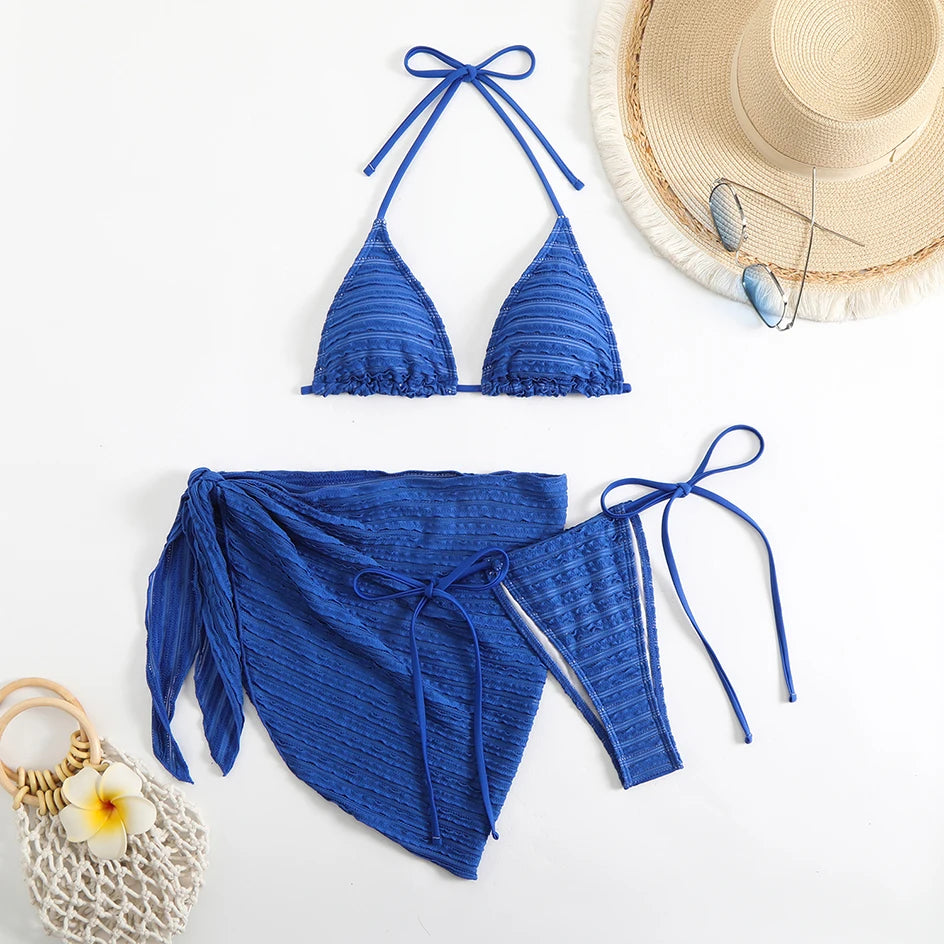Sexy 3 Pieces Bikini Women Swimsuit 2025 Summer Halter Triangle Swimwear Bottom Bikinis Sets Beach Cover Up Female Bathing Suits