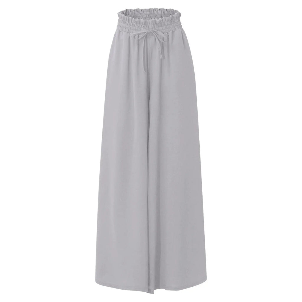 Summer Women Elastic High Waist Drawstring Solid Wide Leg Pants Loose Casual Flowy Pocket Trousers Female Daily Beach Long Pants