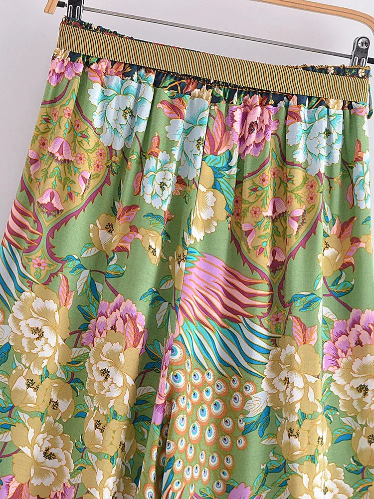 Boho Queens Women Peacock Floral Print Bohemian Wide Leg Pants Lady Elastic Waist Loose Rayon Boho Long Pant  Oversize Trousers