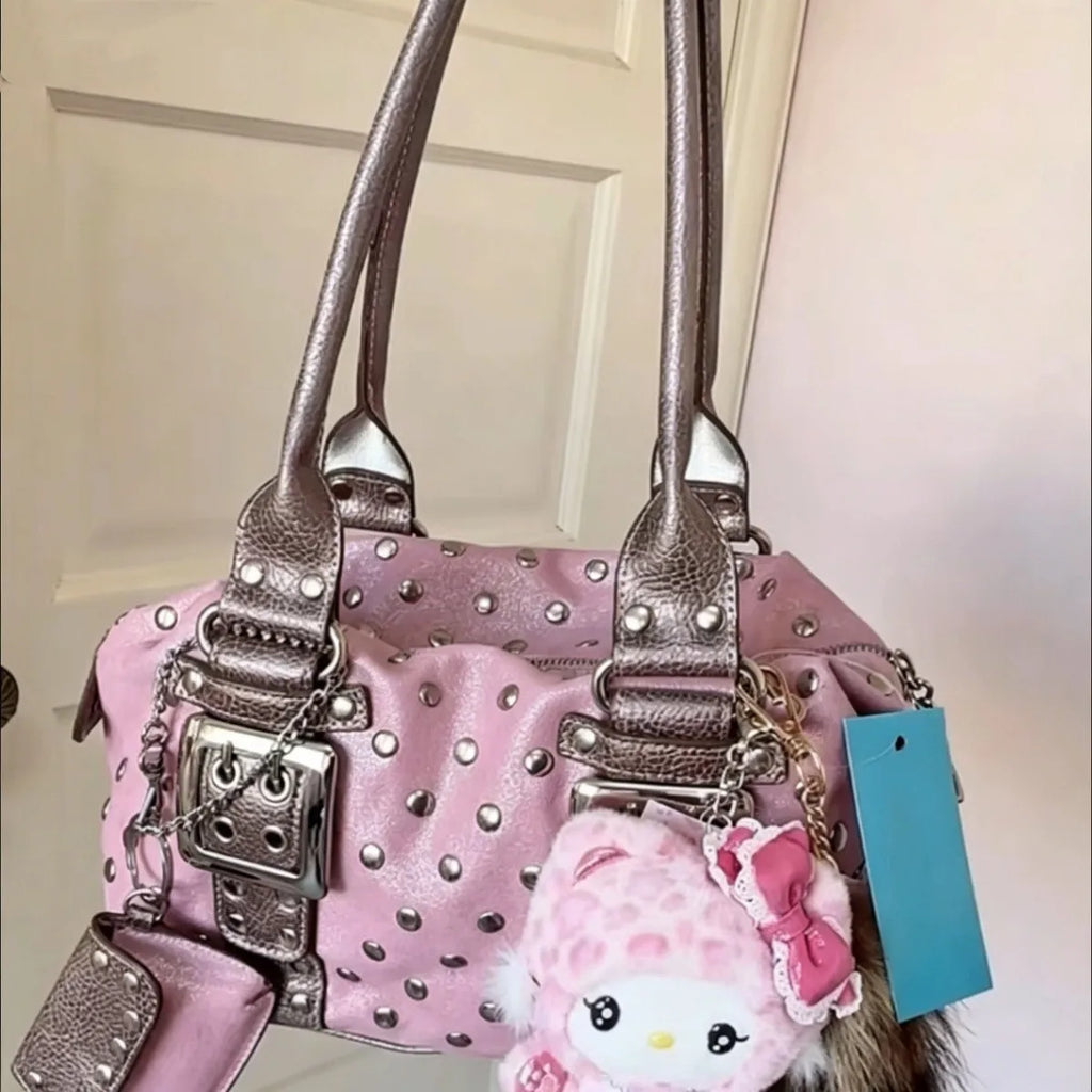 Korean Hot Girl Studded Y2K Tote Bag Women Polka Dot Leather Large Capacity Underarm Bag Ladies Retro Harajuku Handbag Chic 2026