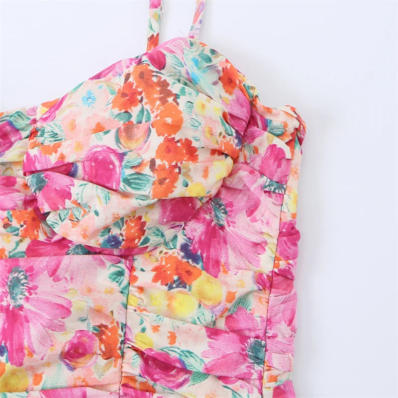 Women's Dress 2026 Summer Personalized Trendy Fashion Floral Print Pleated Charming Hot Sexy Focus Strap Backless Mini Dress