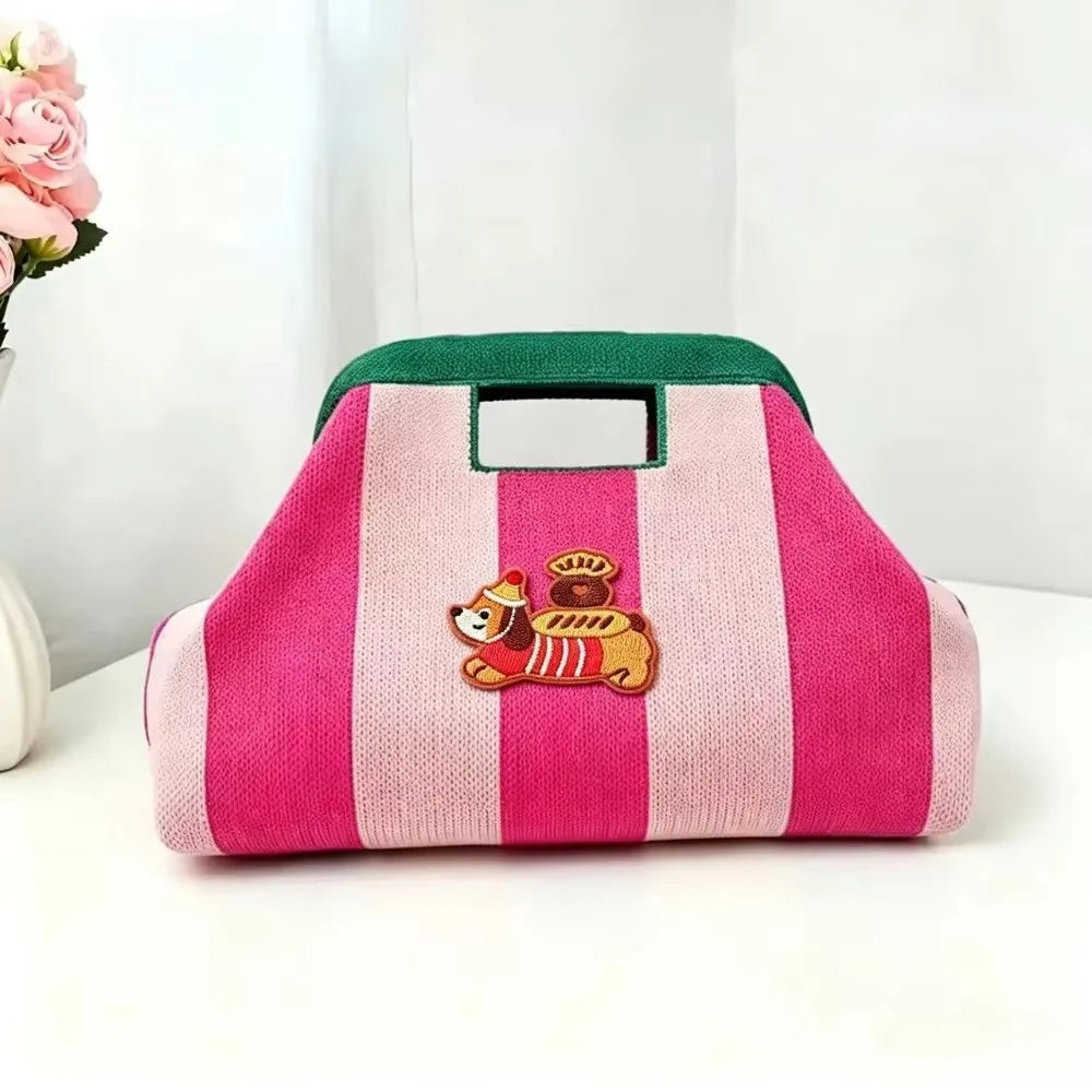 New Woven Bag Hollow-Out Striped Knitted Handbag Fly-Knitted Cloud Versatile Portable Cosmetic Bag