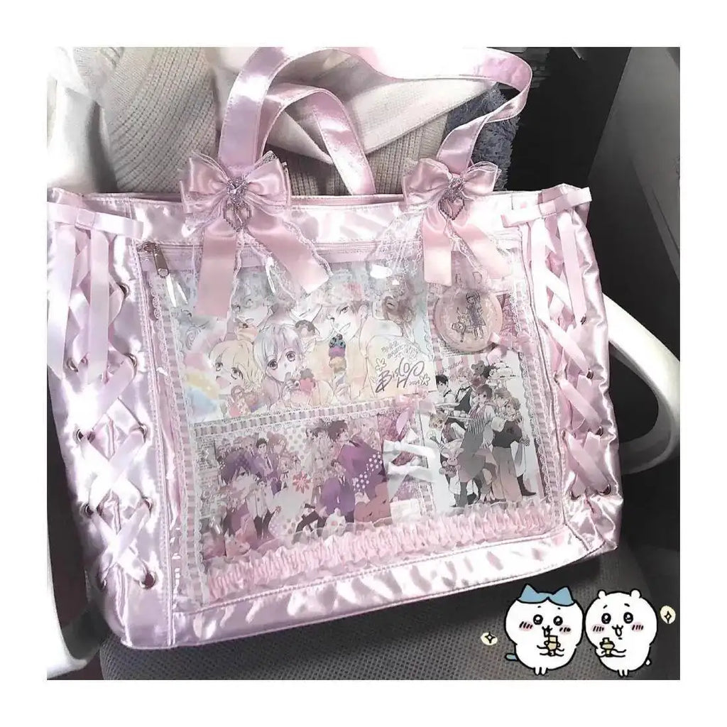 Japanese Sweet Women Ribbon Ita Bag Fashion Large Capacity Tote Bag Aesthetic Shoulder Bag Cute Lolita Girl Transparent Handbags
