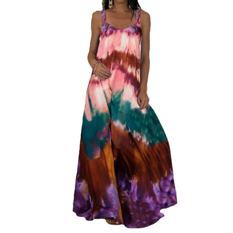 Women's Fashionable Flame Printed Sleeveless Dress  Summer Casual Printed Long Dress