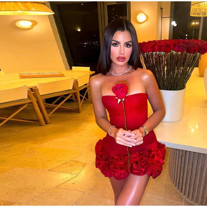 3D Flower Strapless Dresses Women Sexy Backless Sleeveless Tube Mini Dress 2026 Summer New Lady Elegant Bandage A-line Vestidos