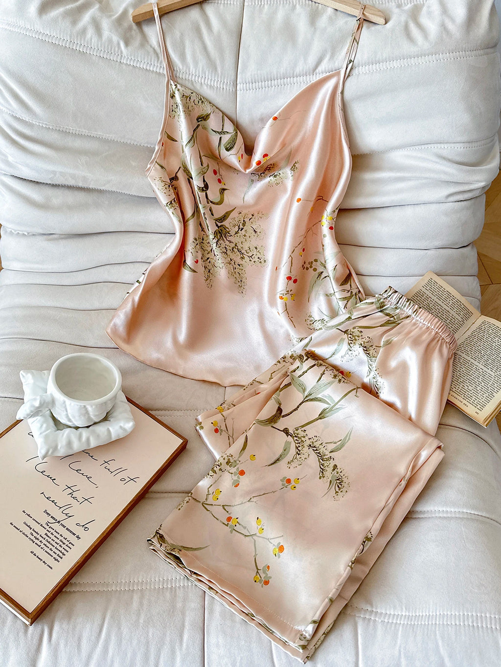 Women Cherry Print Satin Pajamas Set Cowl Neck Cami Top with Long Pants Elegant and Retro Loungewear Sleepwear Set