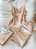 Women Cherry Print Satin Pajamas Set Cowl Neck Cami Top with Long Pants Elegant and Retro Loungewear Sleepwear Set