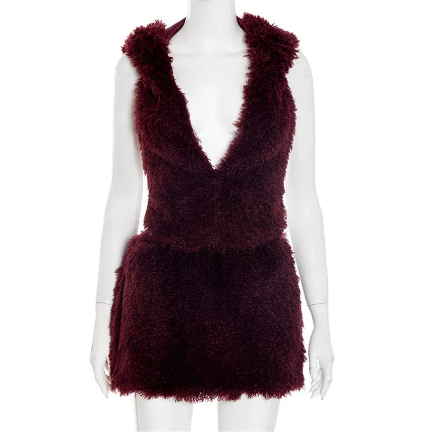 2026 Fall Winter Fashion Faux Fur 2 Piece Set Women Lace Up Backless Hooded Tank Tops + Bodycon Mini Skirts Casual Street Suits