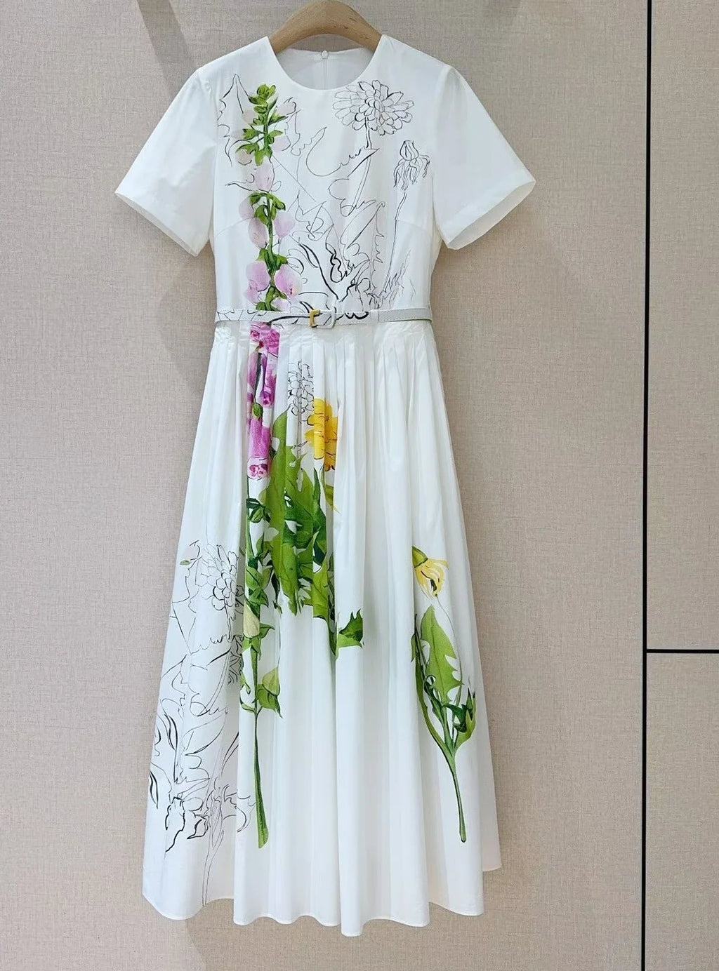 Top Quality New 2026 Spring Summer Dress Women Green Leaves Floral Print Pocket Patchwork Short Sleeve Mid-Calf White Dress