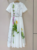 Top Quality New 2026 Spring Summer Dress Women Green Leaves Floral Print Pocket Patchwork Short Sleeve Mid-Calf White Dress