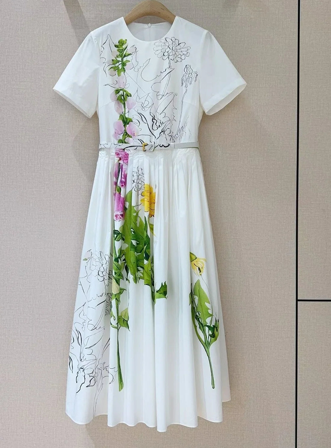 Top Quality New 2026 Spring Summer Dress Women Green Leaves Floral Print Pocket Patchwork Short Sleeve Mid-Calf White Dress