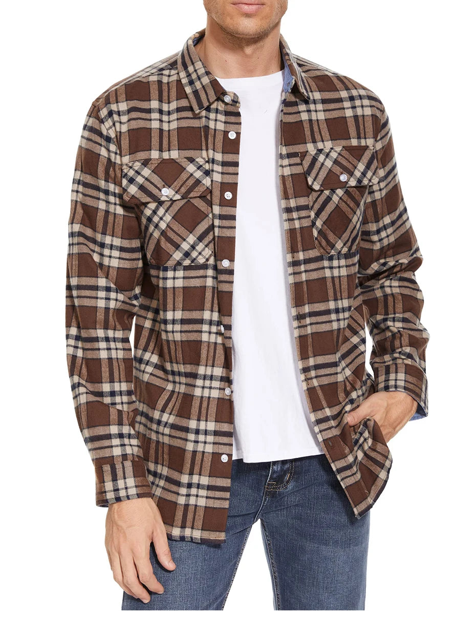 MAGCOMSEN Autumn Windproof Men's Flannel Shirt Warm Long Sleeve Casual Plaid Shirts with Two Chest Pockets