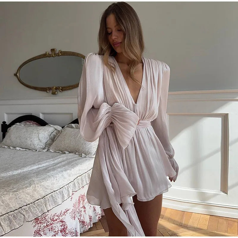 Female Fashion Long Flare Sleeves Lace Up Mini Dress Elegant Chiffon Ruffle High Waist Vestidos New 2025 Autumn Woman Party Wear