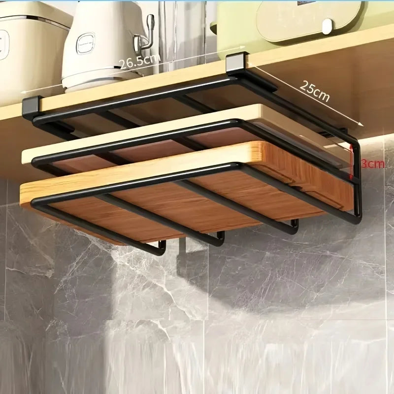 Kitchen Under Cupboard Hanging Organizer Rack with Hook Paper Towel Rags Hanger Cutting Board Pot Cover Holder Storage Shelf