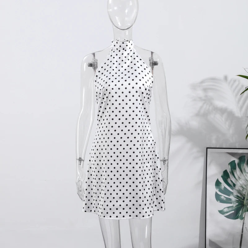 Polka Dots Print Halter Lace-up Dress Women's Sexy Backless Sleeveless Mini Dresses 2026 Spring New Female Fashion Street Robes