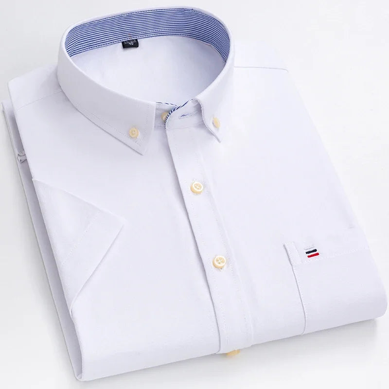 2025 100% Pure Cotton Men's Oxford Short Sleeve Square Collar Soild Plaid Striped Summer Casual Shirts Single Pocket  Shirt