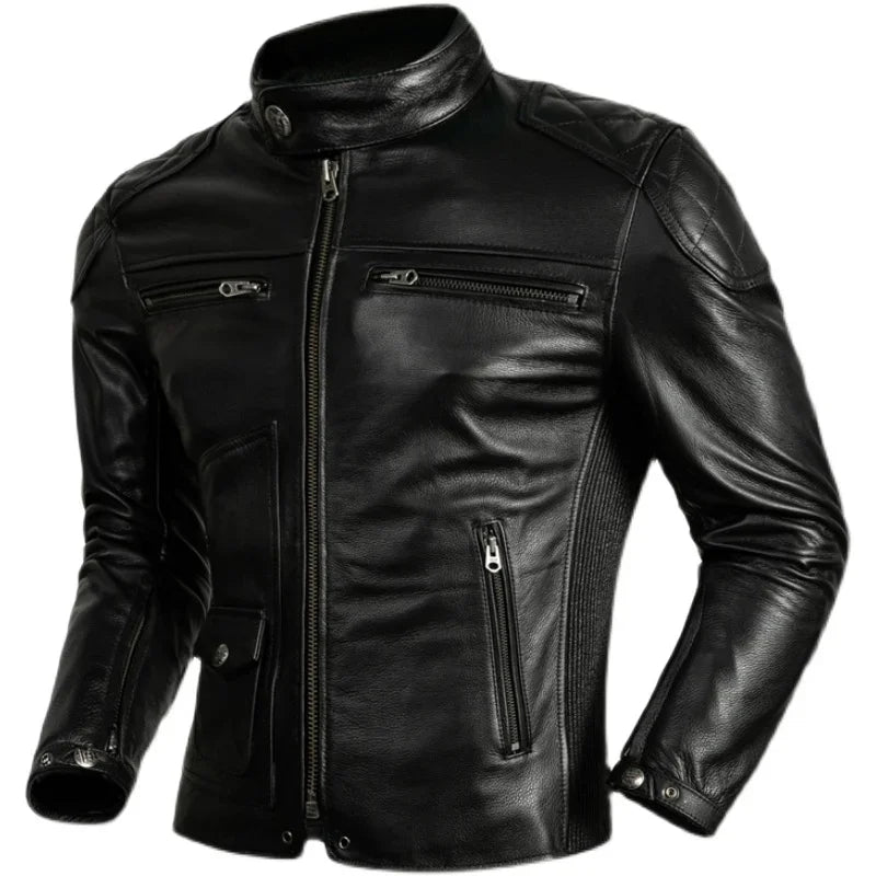 2025 New Top Layer Cowhide  Leather  Jacket Men Black Stand Collar Short Genuine Leather Coat High Quality  Motorcycle Jackets