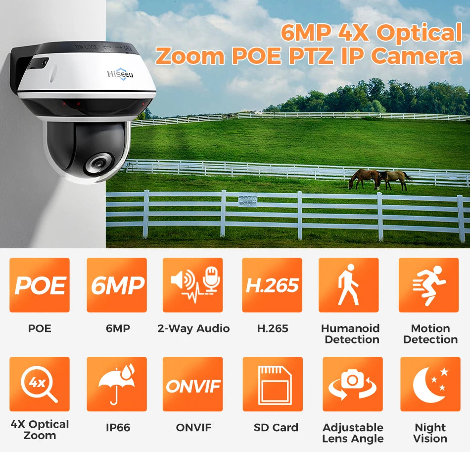 Hiseeu 6MP Vandalproof POE IP Audio Camera 4X Optical Zoom Outdoor Video CCTV Security Surveillance Dome Cameras Onvif H.265