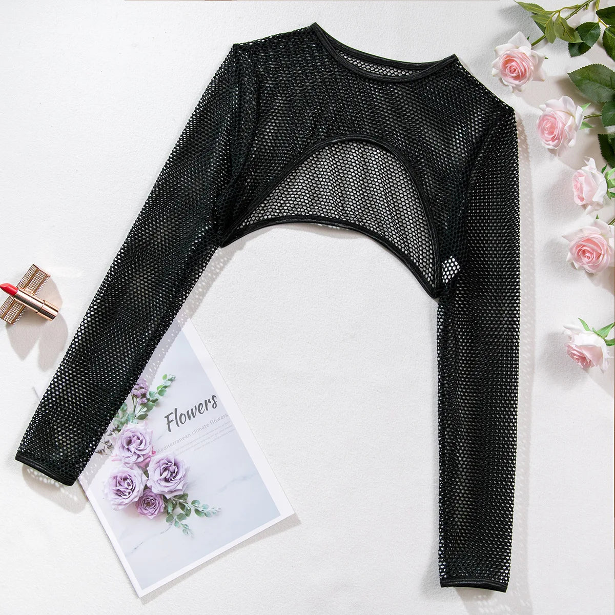 Sexy Transparent Bra Set With Long Sleeve Crop Top Fishnet Lingerie Eco-Friendly Packing