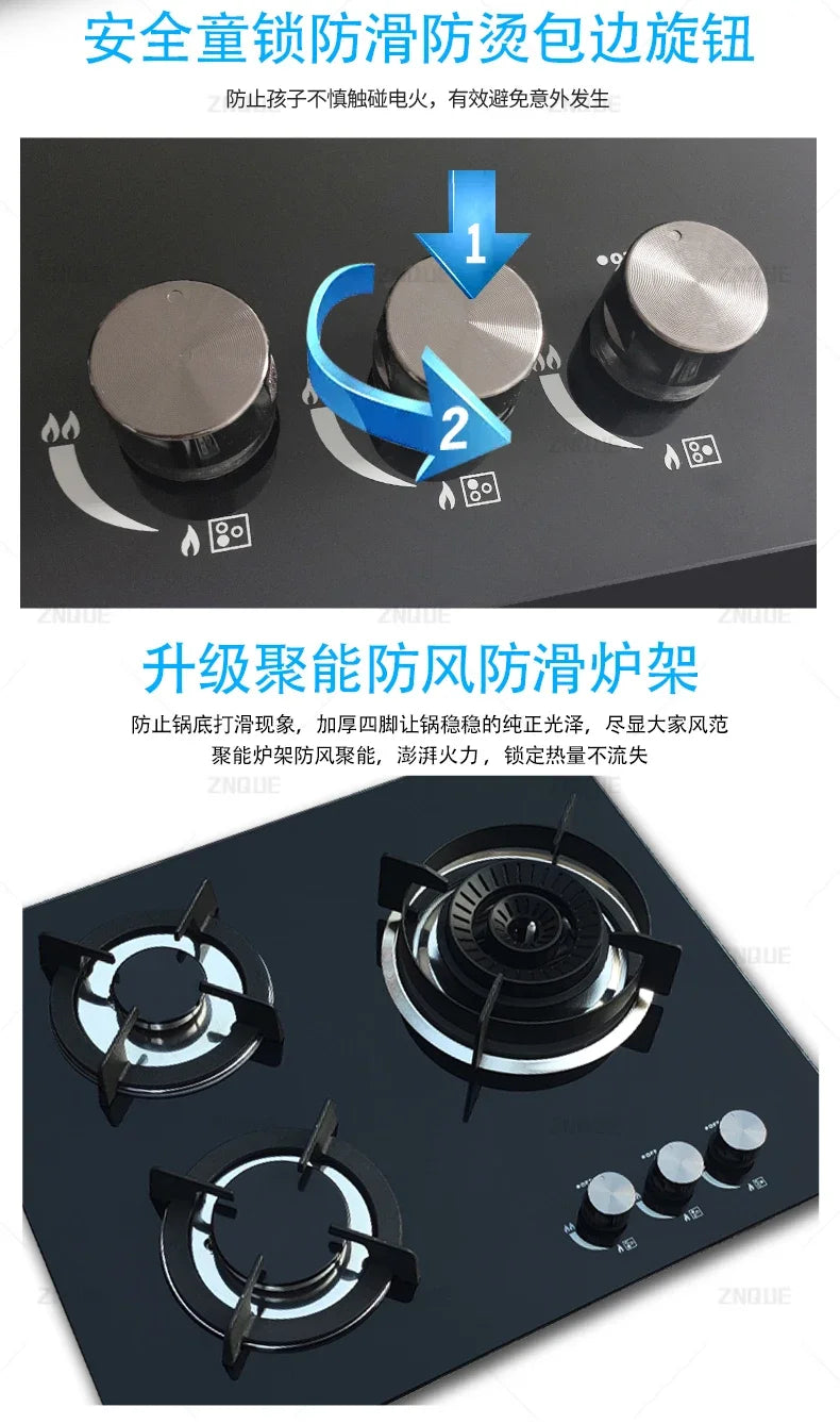 3-Burner Stainless Steel Gas Hob European Style Built-in Natural Gas Kitchen Stove