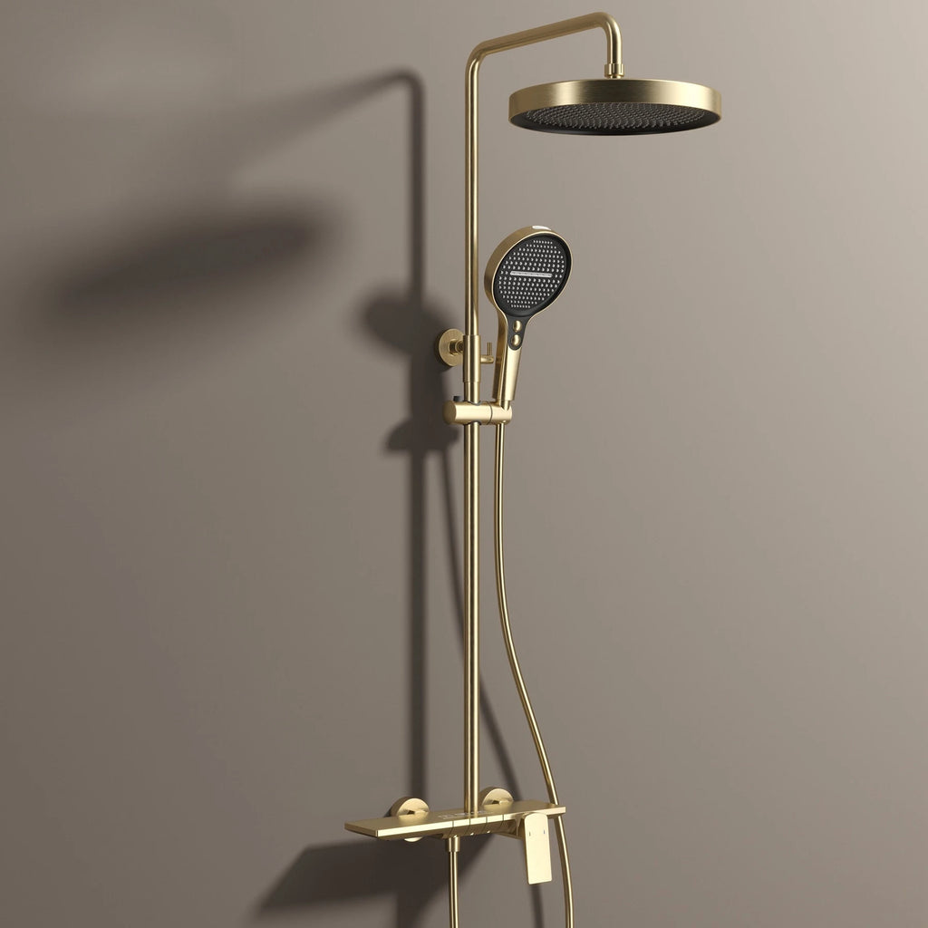 Brushed Gold Piao Bathroom Shower System Set Brass Waterfall Bathroom Faucet 12 Inch Rain Shower Head Hot Cold Piano Shower Set