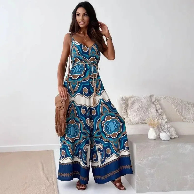Pop Fashion Elegant V-neck High Waist Jumpsuit Women's Pattern Print Loose Long Romper Causal Sleeveless Wide Leg Playsuit Women