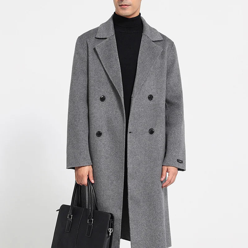 Men's 100% Cashmere Thick Double-Sided Extended Coat, Classic and Versatile Fashion for Business and Leisure