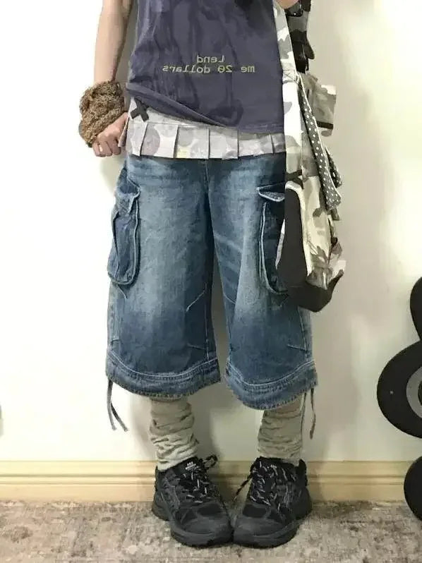 Summer Women American Retro Cargo Jorts Boyfriend Jean Shorts Y2K 2000s Denim Calf-Length Pants Japanese Harajuku High Street