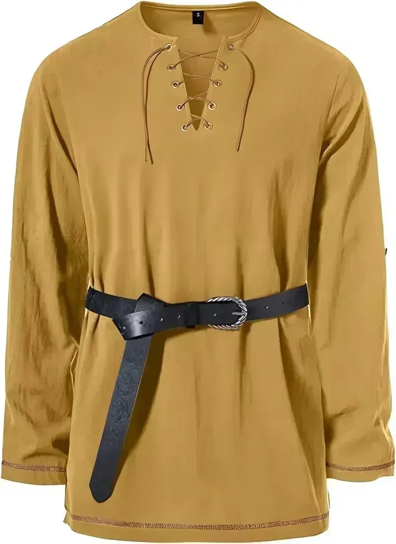 Men Medieval Lace Up Linen Long Sleeve Tunic Viking Pirate Renaissance Cosplay Shirt With Vintage Embossed Leather Belt