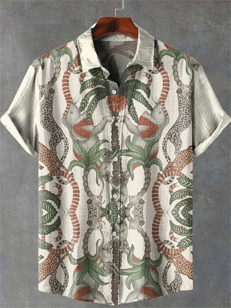 2025 tropical jungle print lapel casual Hawaiian shirt print style short sleeved casual shirt for men