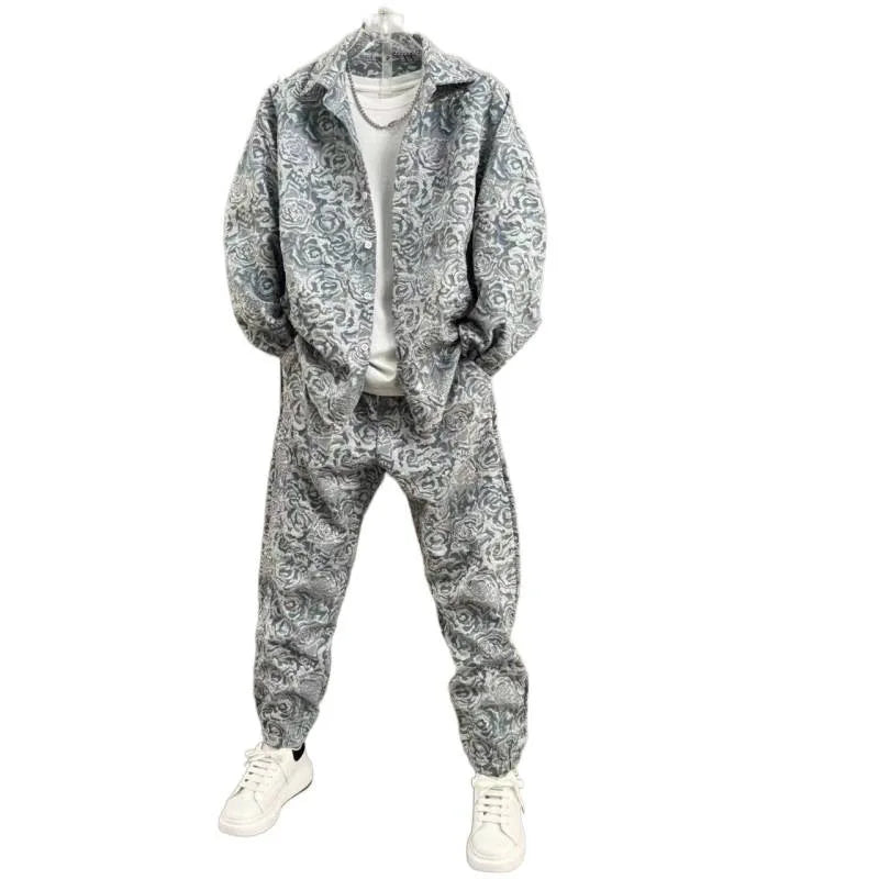Men's casual collar jacquard shirt and pants two-piece set, spring and autumn new fashion and handsome set, complete set