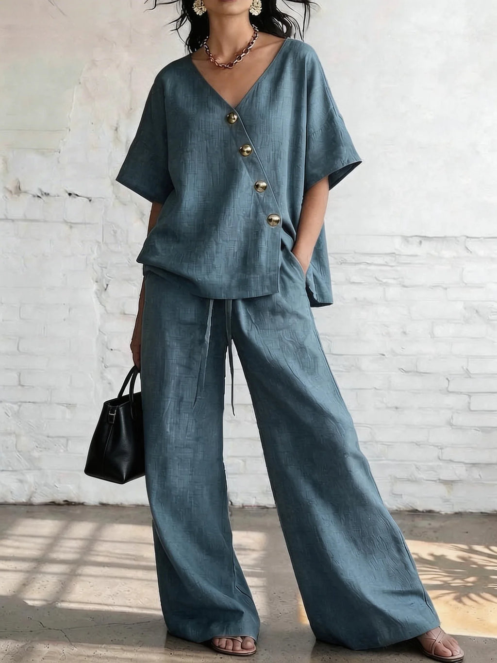 Casual Cotton Loose Pants Sets Women Summer 2026 Fashion Short Sleeve V-neck Tops And Wide Leg Pant 2 Piece Set Woman Outfits