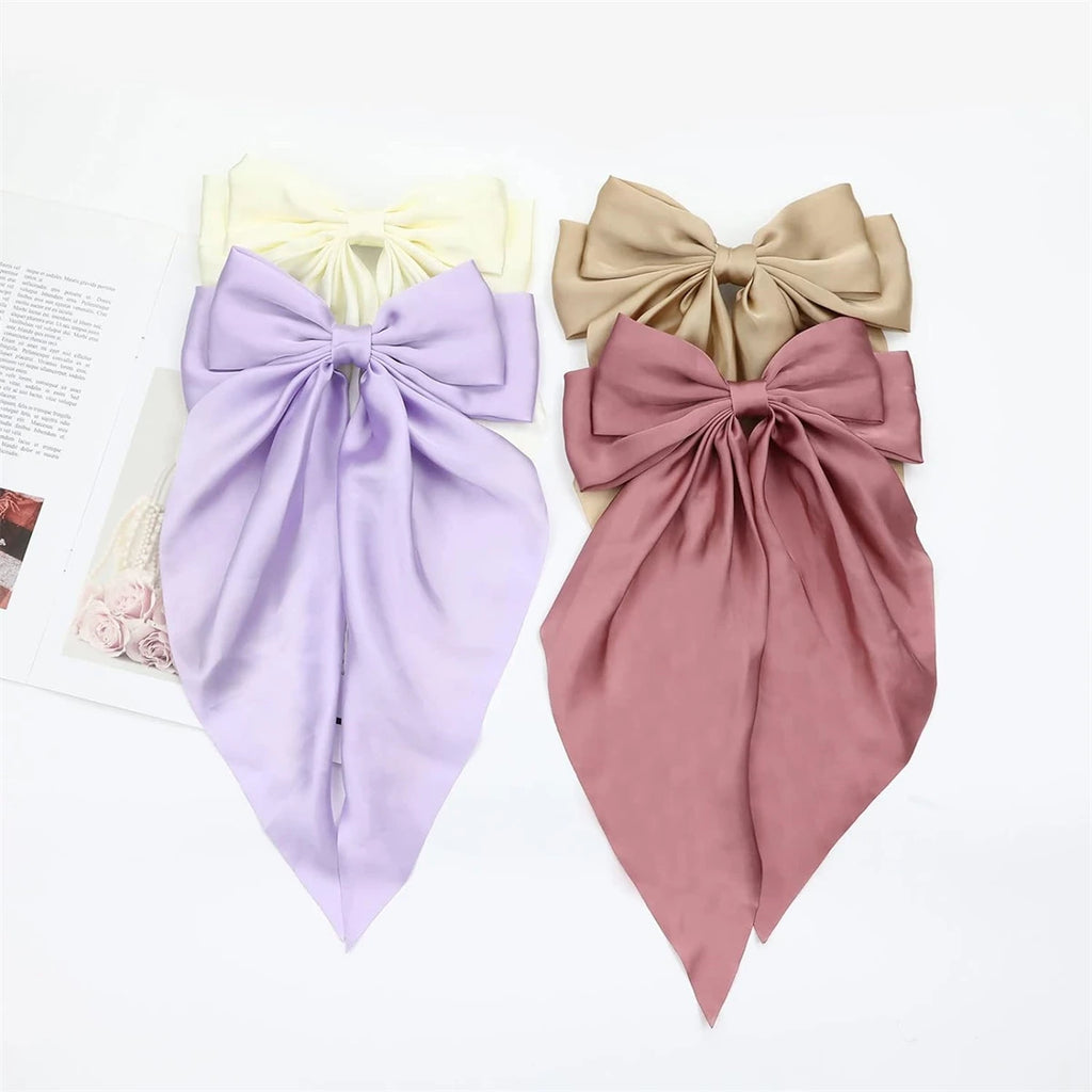 8 Ladies Satin Large White pink Red Blue Black Ribbon bow Oversized bow Long tail hair clip spring clip ponytail Hair accessorie