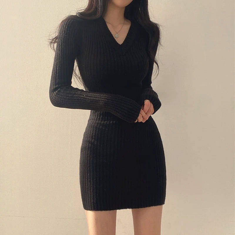 V-neck Knitted Slim Fit Stretchy Basic Long Sleeve Fall Casual Women Mini Dress