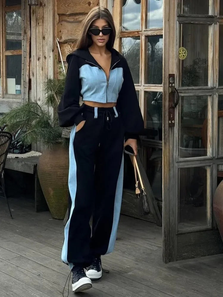 Hoodie Patchwork Denim 2 Piece Sets Women Outfit Slim Hoodies Crop Top Wide Leg Sweatpants Suit Streetwear Casual Tracksuits