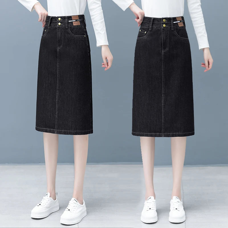 High Waist A-Line Midi Skirt for Women Spring 2023 Denim Split Long Dress Korean Style Commute Pure Color Long Skirt