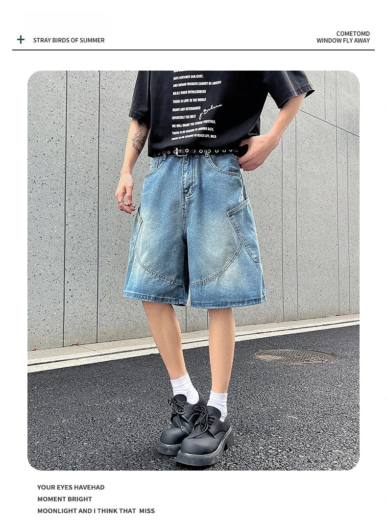Men's Summer Retro Nostalgic Denim Shorts Loose Overalls Five-quarter Pants American Y2K Street Hip-hop Shorts Brand Clothing