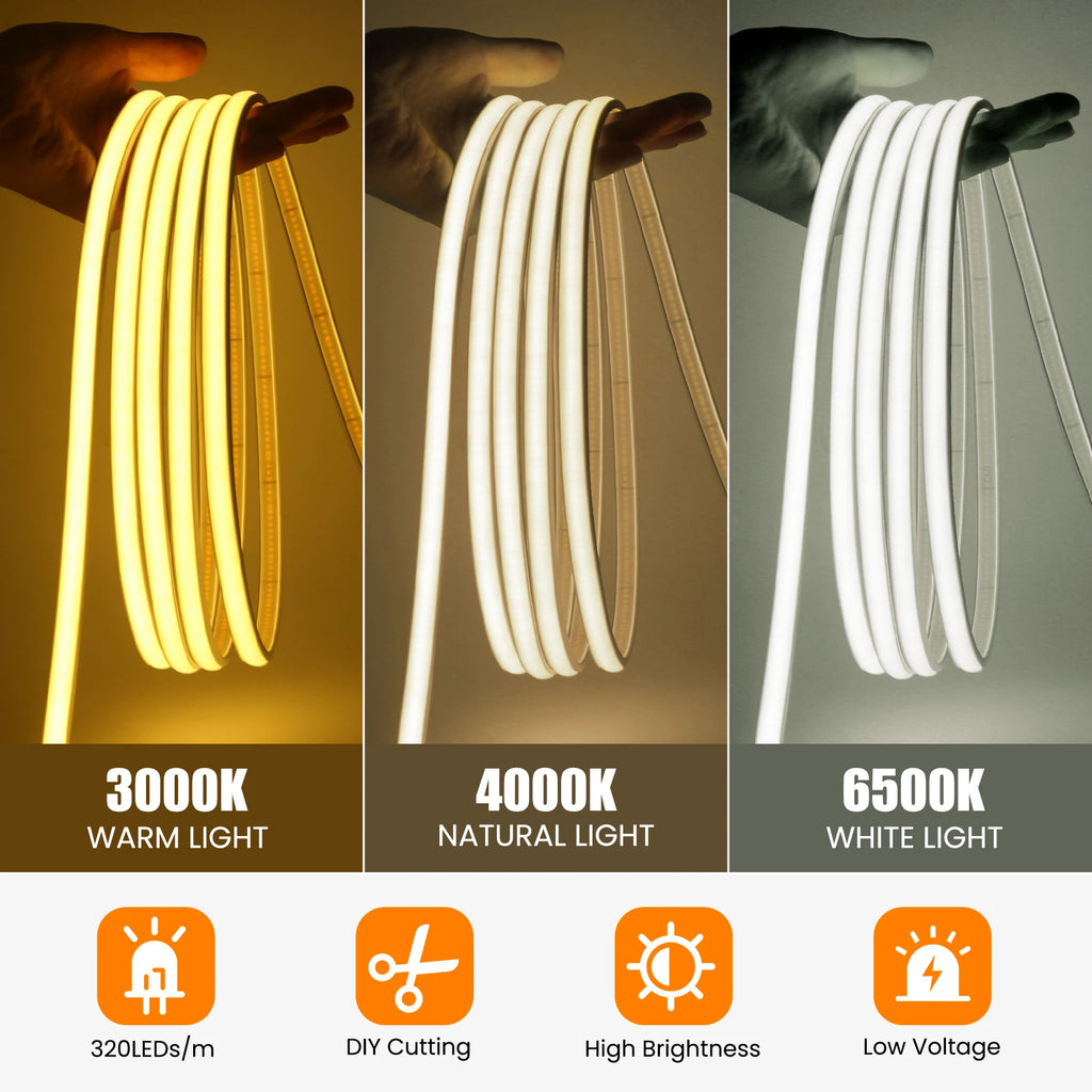 Waterproof COB Neon Led Strip Light 12V 24V 320LEDs/m Linear Lighting IP67 Flexible Ribbon RA90 High Density Home Garden Decor