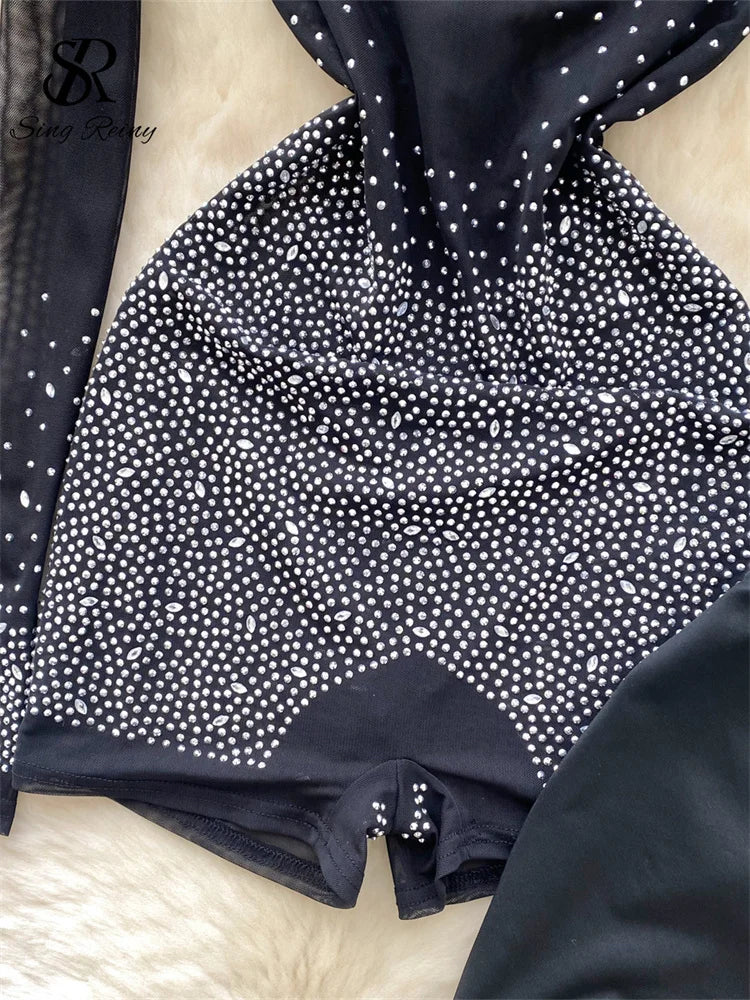 SINGREINY Summer Thin Sheer Sexy Bodysuit Long Sleeve Zipper With Shorts Design Rompers Beadings Streetwear Women Mesh Playsuits