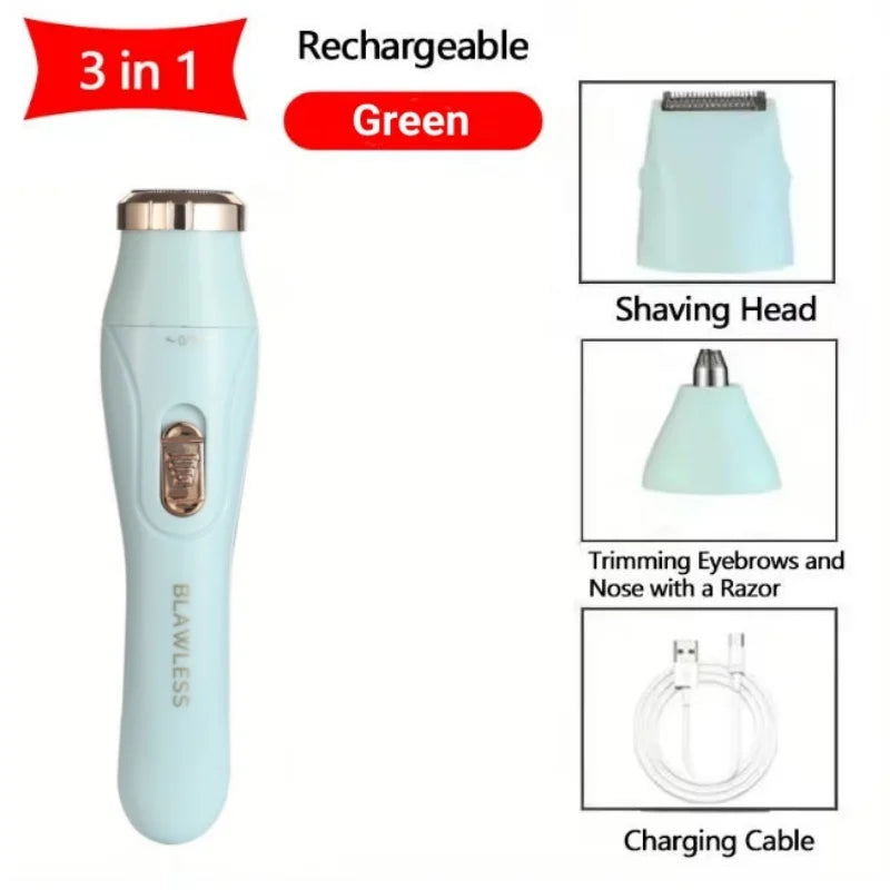 3‑in‑1 Women Electric Hair Remover Facial Body Hair Trimmer Painless Shaver for Nose Eyebrow Leg Armpit Bikini Line USB Charging